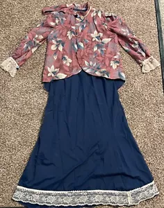 Victorian 2 Piece Walking Suit Handmade Costume XL Blue/Rose Bust 46 Waist 40” - Picture 1 of 3