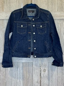 Express Jeans Women's Blue Denim Jacket Large Trucker Thrashed - Picture 1 of 4