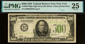 light green seal $500 Series 1934 Federal Reserve Note in PMG Very Fine 25 slab - Picture 1 of 2