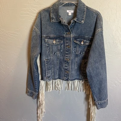 Womens Forever 21 Diamond Rodeo Denim Jean Jacket Crop Fringe button up coat  - Image 1 of 4
