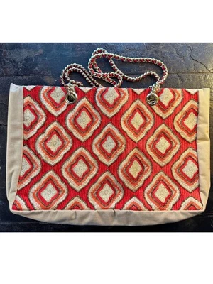 Bolso de Mano Chico’s Rojo Bordado Geométrico Lona Correa de Cadena Boho Grande Foto 1 de 4