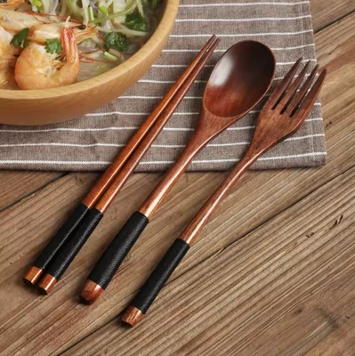 Juego de vajilla tenedor cuchara palillo madera natural japonés hecho a mano bambú Foto 1 de 4