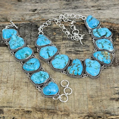 Incredibile Collana Bracciale Set In Argento Sterling 925 Con Gemma Turchese - Immagine 1 di 4