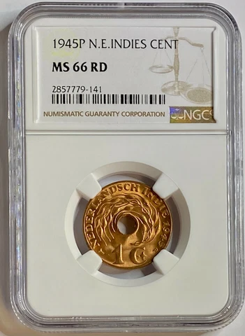 1945 P NETHERLANDS EAST INDIES 1 CENT NGC UNC MS 66 RD ONLY 2 GRADED HIGHER Cover