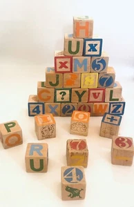 29 Vtg Wooden Alphabet Blocks Pictures ABC Children Stacking Blocks Wood 1967 - Picture 1 of 9