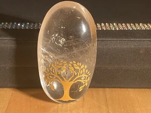 Natural Clear Quartz Palm stone W/Engraved Gold Tree (Amplifies Energy/Healing) - Picture 1 of 12