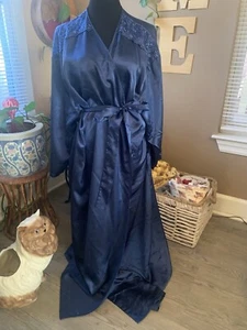 Vintage Woman Within 1X Long Navy Blue Satin Wrap Robe Dressing Gown Lace Accent - Picture 1 of 8