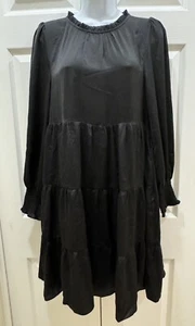 Black Babydoll Dress NWT Size Medium Tiered Shirred Puff Long Sleeves Pockets M - Picture 1 of 15