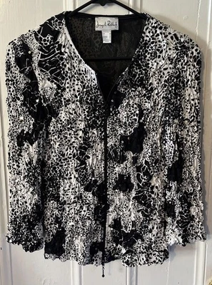 Joseph Ribkoff Canada Black & White Ruched Zip Up Jacket Sequins Abstract Size 8 - Image 1 of 4