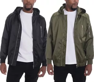 Mens Satin Zip Up Windbreaker Bomer Jacket Hooded with Utility Pocket USA Size - Picture 1 of 7