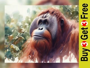 Thoughtful Orangutan Portrait Watercolor Painting Print 5"x7" on Matte Paper - Picture 1 of 5