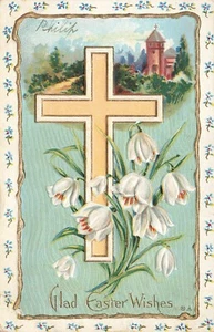 De colección Feliz Pascua Deseos Repujado Postal Lámina Fondo Cruz Iglesia Flores - Imagen 1 de 2