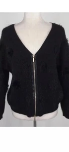 ARMANI EXCHANGE Black Faux Fur Polka Dot V-Neck Zip Sweater Size M - Picture 1 of 9