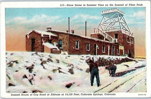 Snow Scene in Summer Time on the Summit of Pikes Peak Colorado Postcard - Picture 1 of 2
