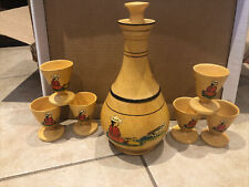 Folk Art Vibrant Souvenir WOODEN WINE DECANTER BOTTLE CUPS Painted PERU SET MCM