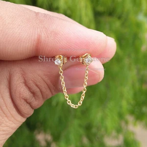 0.08 Ct Natural Diamond Double Stud Chain Earring 14k Solid Gold Party Wear Jewe - Picture 1 of 12
