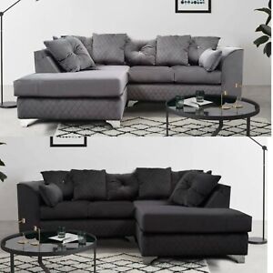 Grey Corner Sofa LEFT RIGHT Hand Black Blue Plush Fabric Victoria 3&2 Seater Set
