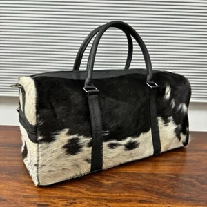 Hair On Cow Hide Duffle Bag, Handmade Leather Weekender Black & White Gym Bag - Picture 1 of 6