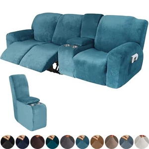 Stretch Velvet Recliner Sofa Covers 3-Seater Middle Console Slipcover 10-Piece - Picture 1 of 21