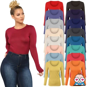 Women Long Sleeve Plain Stretch Round Scoop Neck Ladies T Shirt Top - Picture 1 of 26