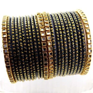 Black Colour Golden Dot Pattern Indian Glass Bangle Women/Girl - Picture 1 of 3