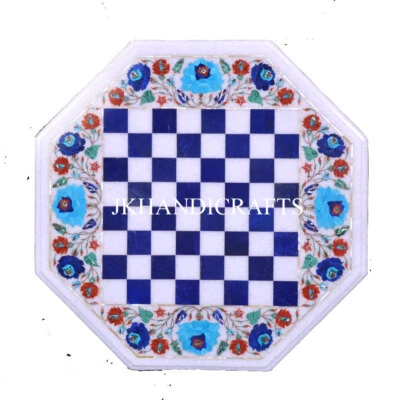 Antique Chess Table Marble Console Table Top Lapis Inlay Home Decor 2'x2' - Image 1 of 4