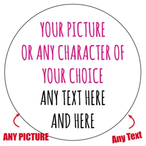 YOUR PICTURE - TEXT OR CHARACTER Personalised party bag Stickers GLOSSY mat 508 - Picture 1 of 3