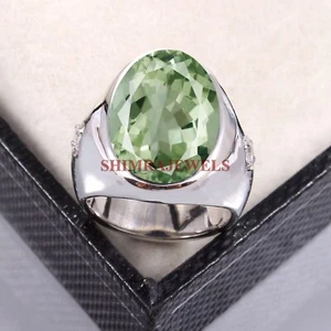 Verde Naturale Ametista Gemma Con 18k Placcato Oro Bianco Argento Uomo Anello # - Foto 1 di 5