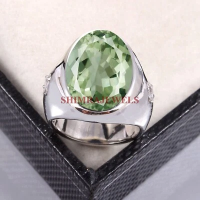 Verde Naturale Ametista Gemma Con 18k Placcato Oro Bianco Argento Uomo Anello # - Immagine 1 di 4