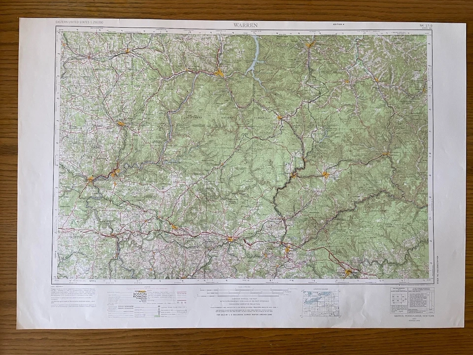 Vintage USGS Warren Pennsylvania New York 1957 1969 Topographic Map 1:250000 - Image 1 of 1