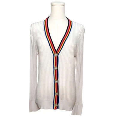 Cárdigan Ann Taylor LOFT Blanco Borde Arco Iris Acanalado Manga Larga Elástico Grande Foto 1 de 4