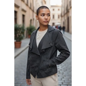 Cabi Moto Jacket M Charcoal 100% Linen Blend Waxed Button Denim Snap Grunge Y2K - Picture 1 of 14