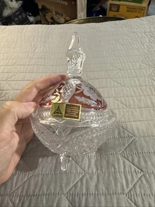 Vintage Anna Hutte Lead Crystal Floral Footed Ruby Candy Dish Lid 7"H 4.5"W Box - Picture 1 of 12