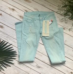 NWT Mint Green Women Distressed Skinny Jeans  - Picture 1 of 2