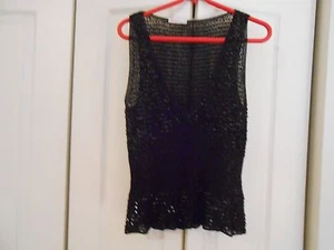 MICHAEL KORS--BLACK CROCHET AND SEQUIN LOW V-NECK TOP - Picture 1 of 2