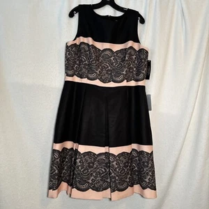 NWT Tahari ASL Sz:16 Dress Black Pink Sleeveless Knee Length Lace Print Pleated - Picture 1 of 12