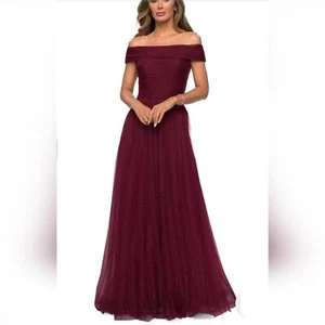 Nuevo Vestido de fiesta La Femme rojo borgoña con cuentas de cristal de tul fuera del hombro talla 10 - Imagen 1 de 13