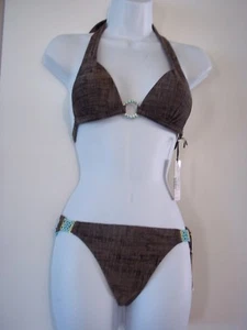 GOSSIP COLLECTION BROWN/TAN HALTER BIKINI SMALL~ BLUE BEADS~$71.00 RETAIL~~NWT - Picture 1 of 12
