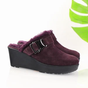 Via Spiga Womens Mule Size 7 Dark Plum Purple Suede Sherpa Wedge Heel Y2K 90s - Picture 1 of 16