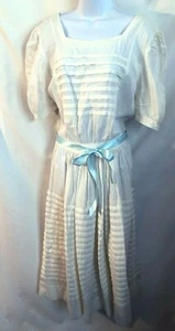 Vtg 70s handmade white linen blend pleated tea dress balloon sleeve maxi dress M - Picture 1 of 4