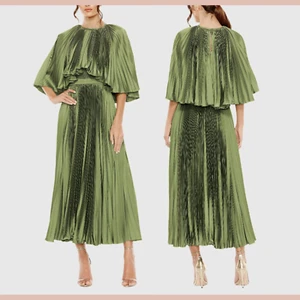NWT Mac Duggal [ 2 ] 49638 Pleated Caplet Tea-length Dress Olive Green J1781 - Picture 1 of 12