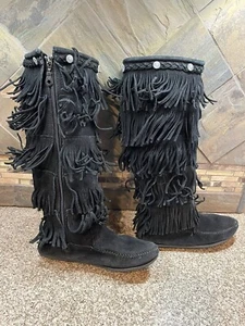 Mujer Talla 7 MINNETONKA MOCASINES #1659 Cuero Negro Mocs Zapatos Botas - Imagen 1 de 6