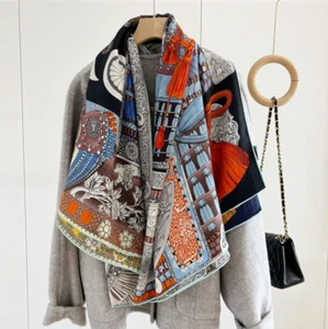 70% Cashmere 30% Silk Wrap Scarf warrior Print Double Face Shawl 135X135cm blue - Picture 1 of 8