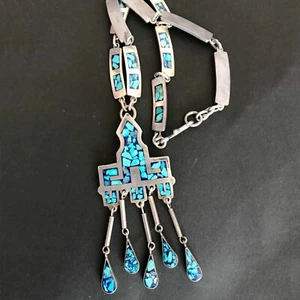 Vintage WOW Taxco Turquoise Sterling Silver 5 Dangle Mexican Necklace 66grams - Picture 1 of 7