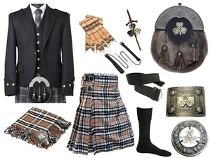 Men Scottish Shamrock Sporran 10 Pieces Argyle Jacket Kilt Outfit In 50+ Tartan - Picture 1 of 7