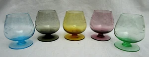 SET of 5..ETCHED..COLORED..CORDIAL..LIQUOR..GOBLETS..2.75" TALL - Picture 1 of 4