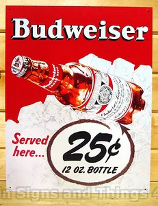 Budweiser Served Here 25 cent TIN SIGN vtg bottle art bar decor metal poster 981 - Picture 1 of 7