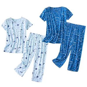 2 Pack Women's Cotton Pajama Sets Short Sleeve Sleepwear Tops with Capri Pant... - Picture 1 of 7