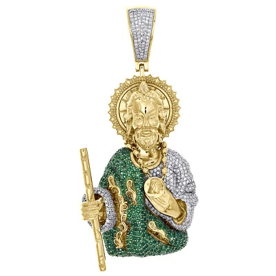Colgante de oro amarillo de 10 quilates esmeralda y diamantes para hombre 3D St. Jude encanto helado 2,75 quilates Foto 1 de 4