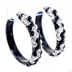 2" STATEMENT BLACK DIAGONAL 3 ROW CLEAR/BLACK RHINESTONES EARRINGS *SKANKY HOOPS - Picture 1 of 12